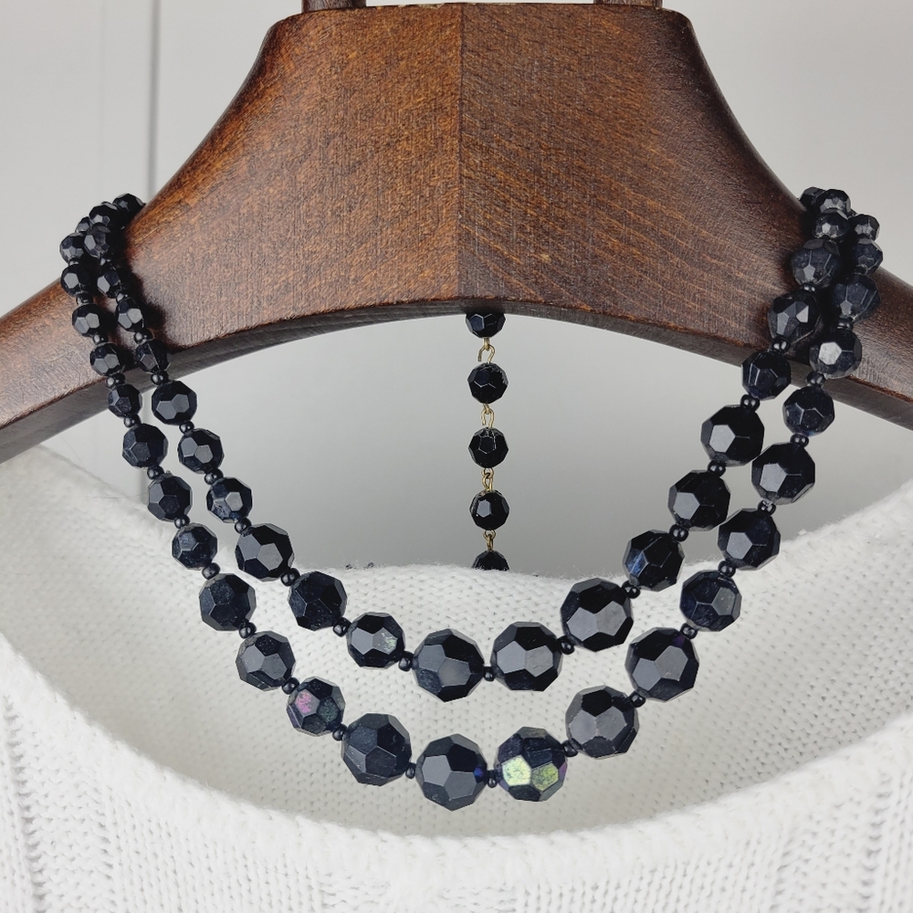 1950's Faceted Black Beaded 18k Gold Clasp Necklace German Made Vintage